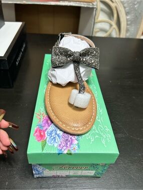 Forever Black Sparkle Bow T-Strap Sandals